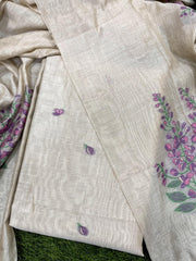 Show Stopper Beige & Lavender Jamdani Muga Cotton Unstitched Suit Set